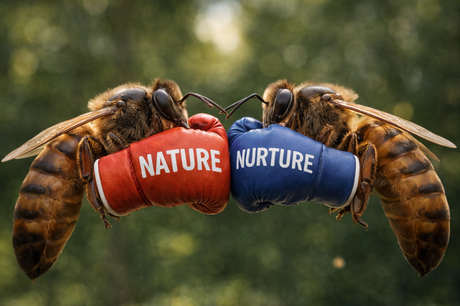 Two queen bees boxing with nature and nurture on their gloves