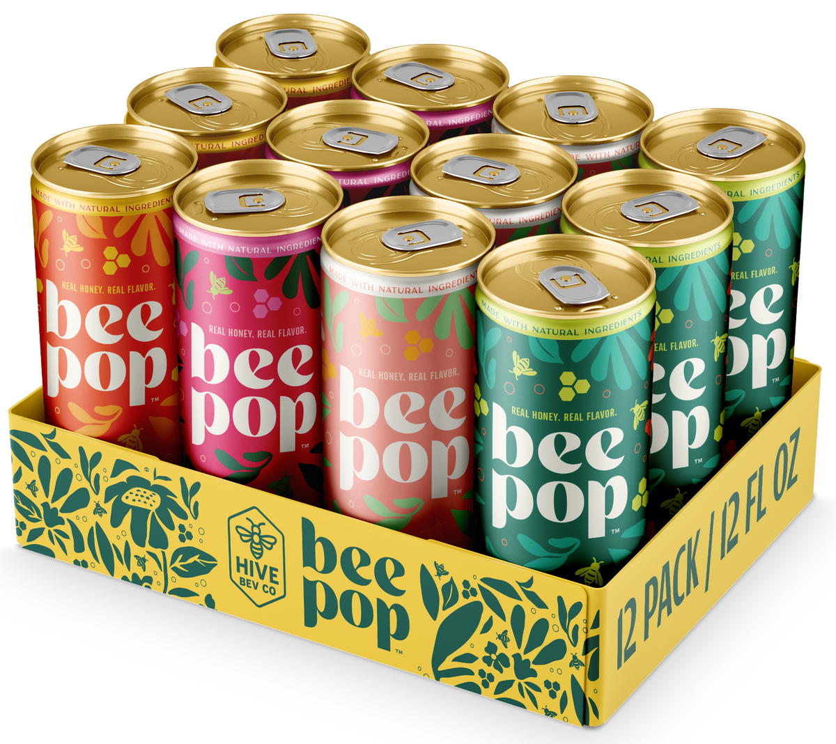 12-pack of 'bee pop' cans in various flavors with a yellow box packaging.