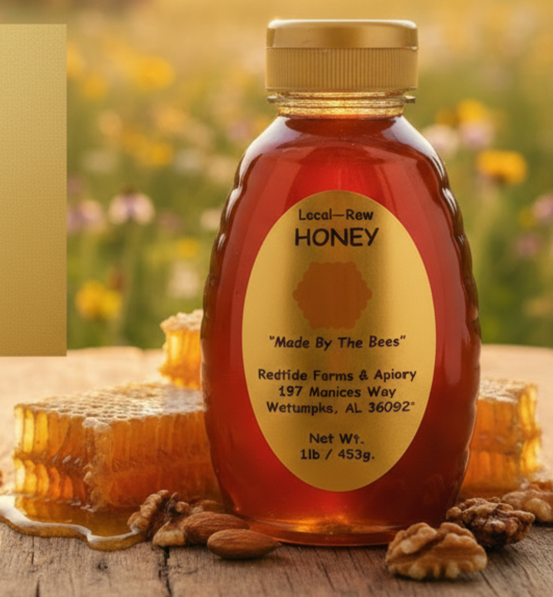 1 pound plastic bottle of honey with comb and nuts around it