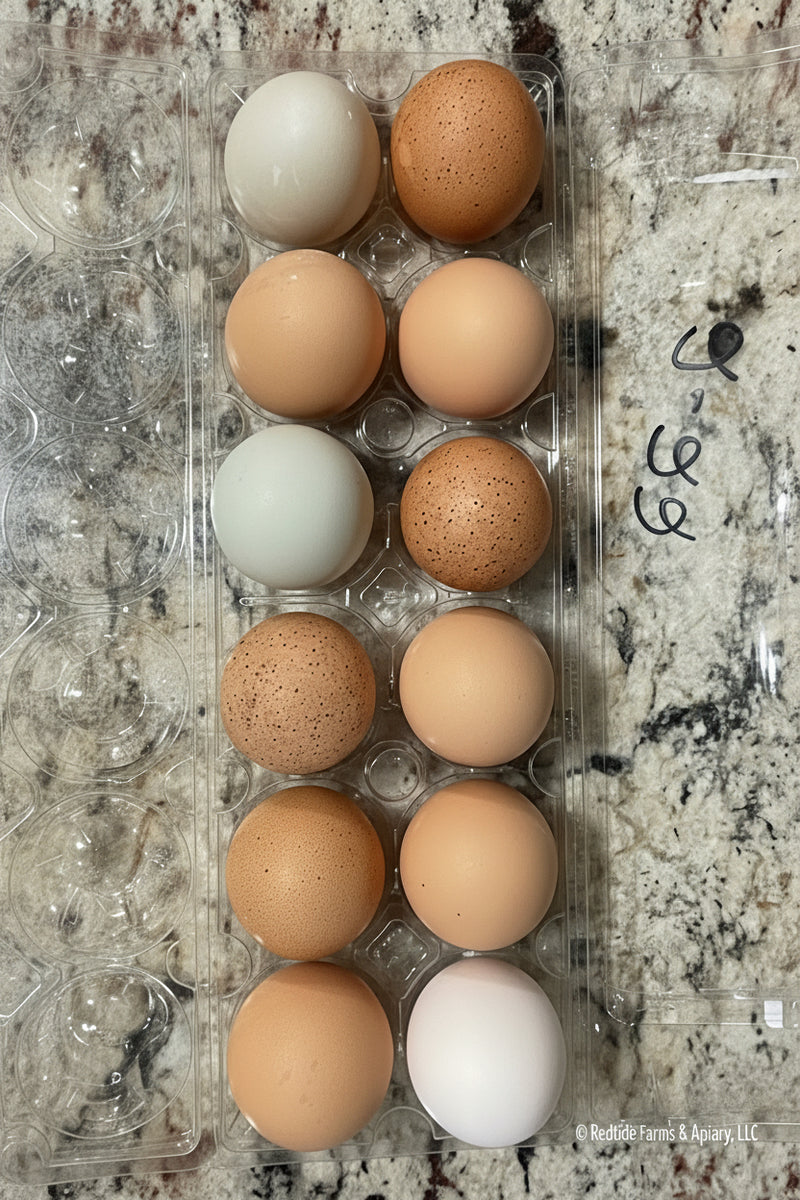 Assorted eggs in a carton on a granite countertop