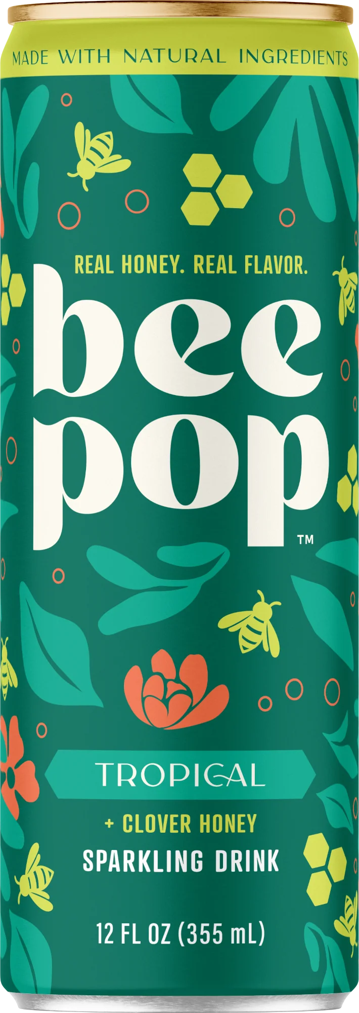 A 12 fl oz can of bee pop Tropical + Clover Honey Sparkling Drink, featuring a dark green label with white 'bee pop' lettering, yellow honeycomb and bee illustrations, and orange flowers.