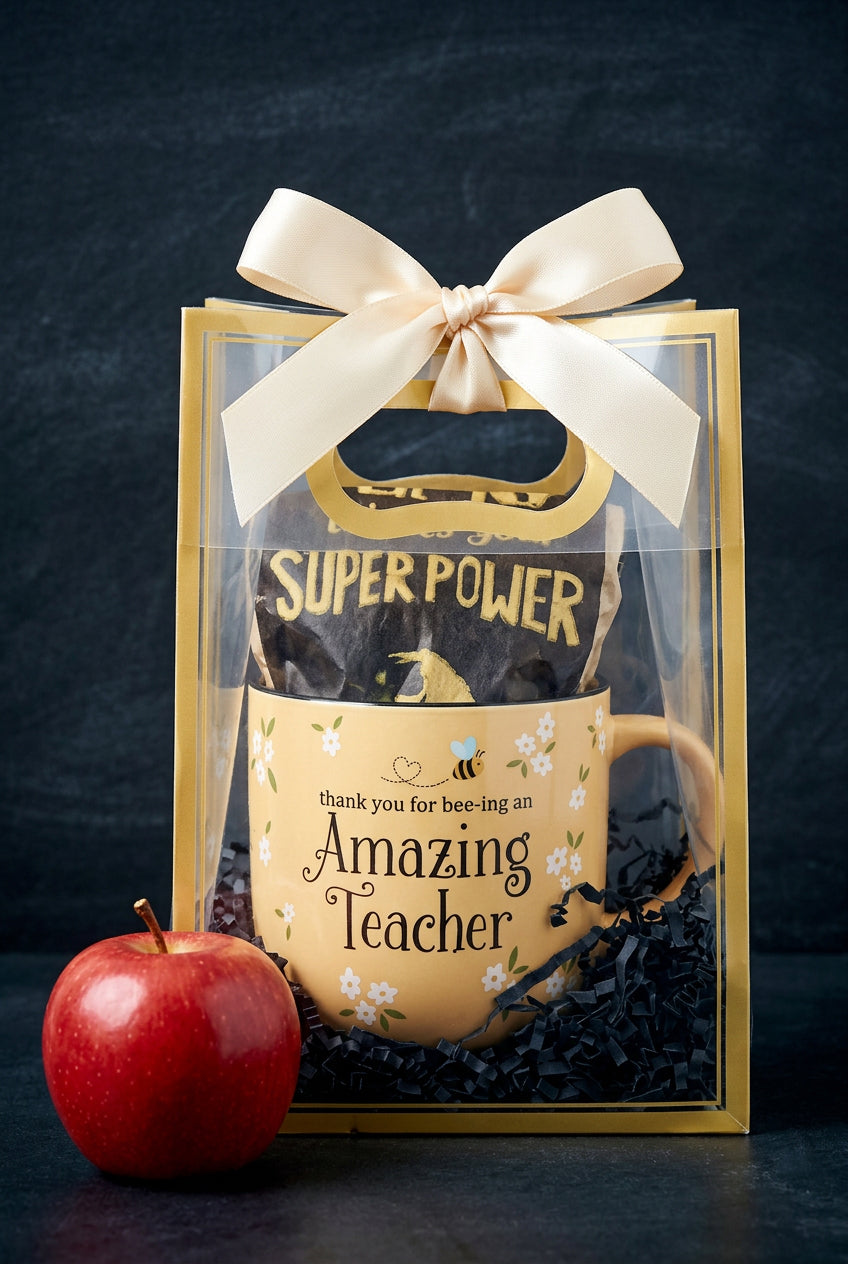 Gift bag for teachers with amazing teacher cup, teacher as superpower socks, and apple displayed in front. 