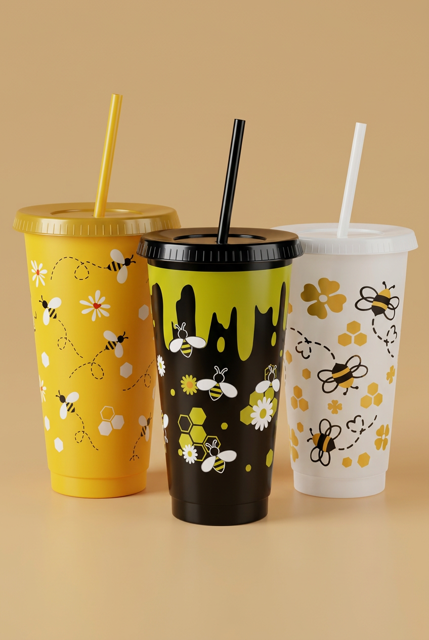 A product display showing multiple reusable plastic cups with lids and straws, decorated with yellow, black, white, and honeycomb bee and flower patterns. The cups are arranged on a white background with an Amazon.