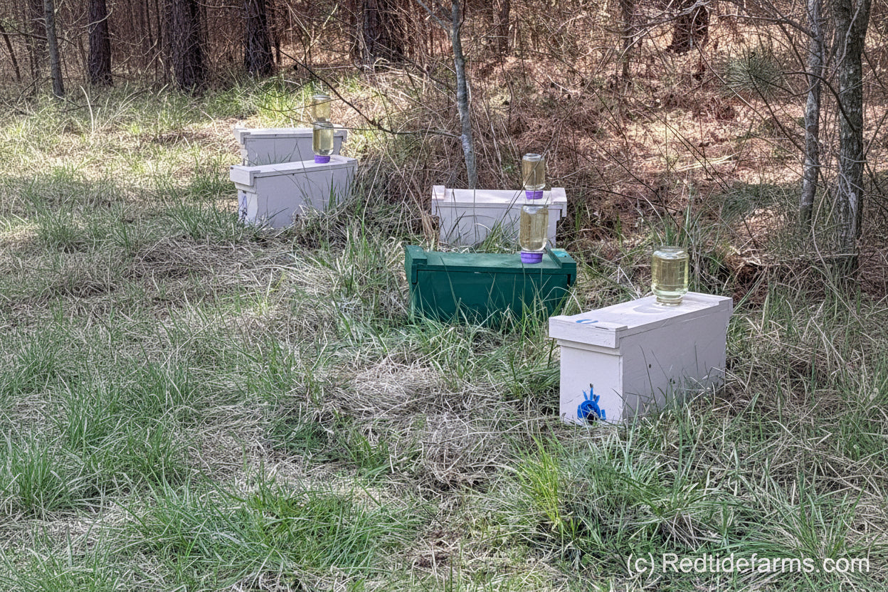 Row of nuc boxes with jar feeders on top on edge of woods