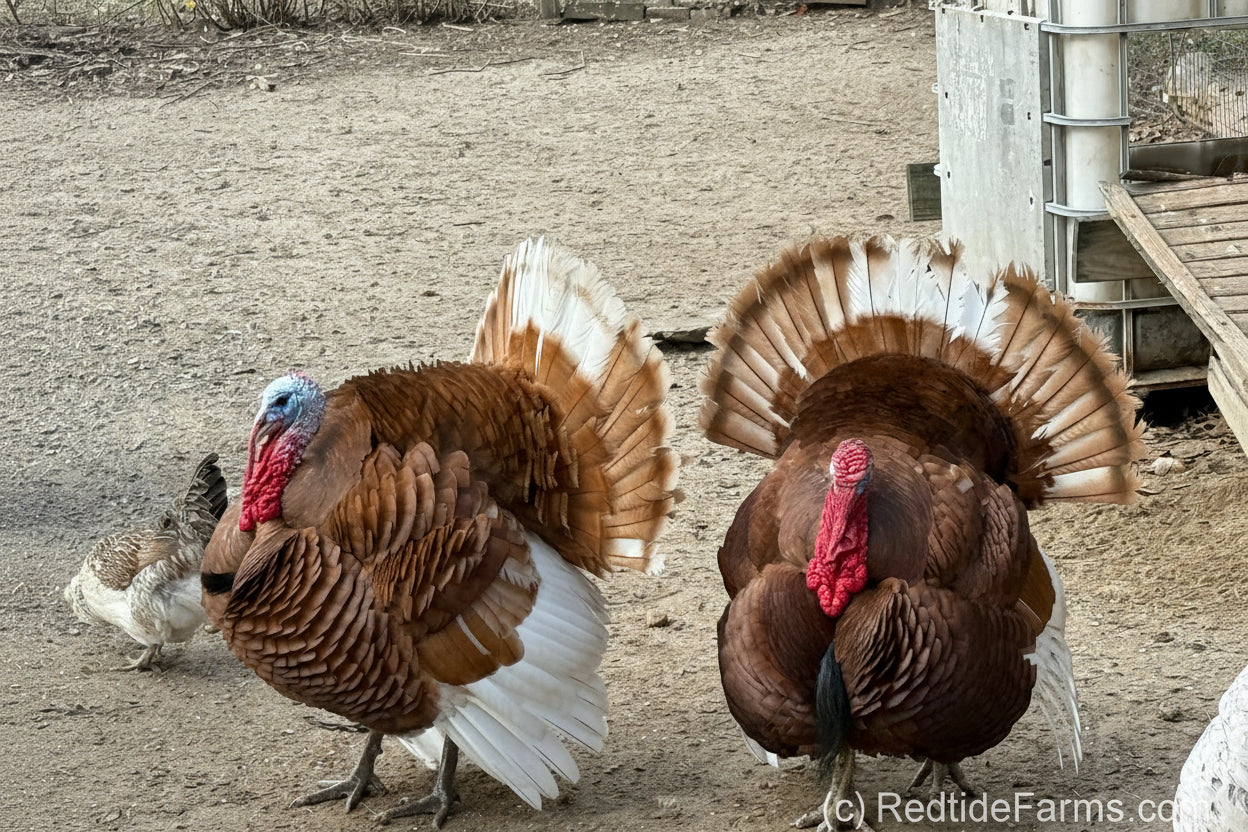 two bourbon red tom turkeys