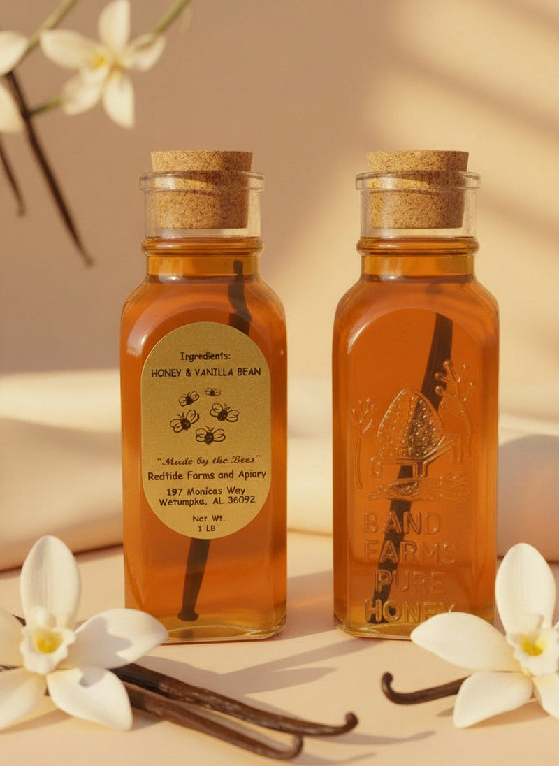 two bottles of vanilla honey in muth jar